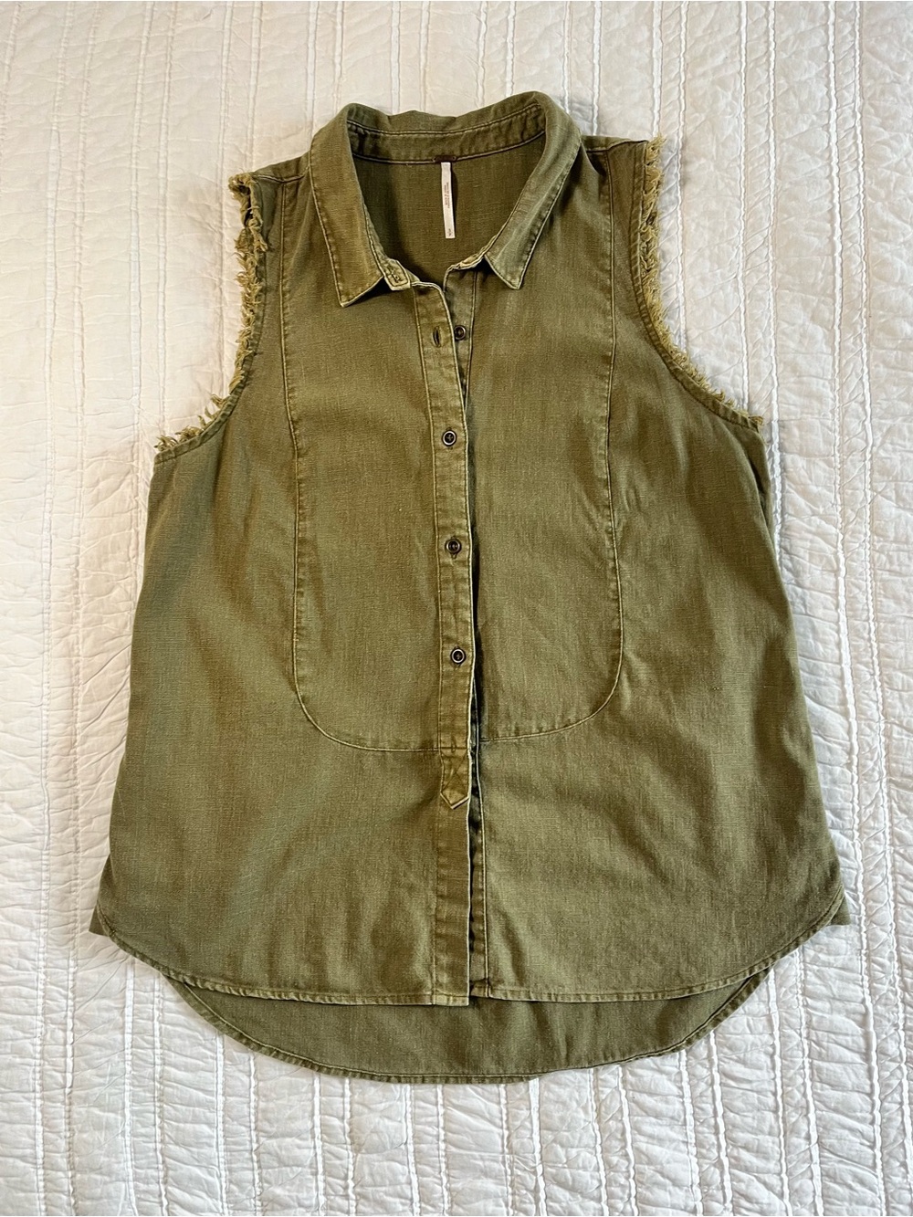 Free People Olive Green Linen Cotton Frayed Sleeveless Button Down Shirt S